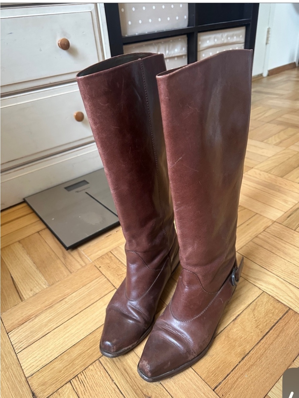 Women's Tall Brown Leather Riding Boots with Ankle Buckle